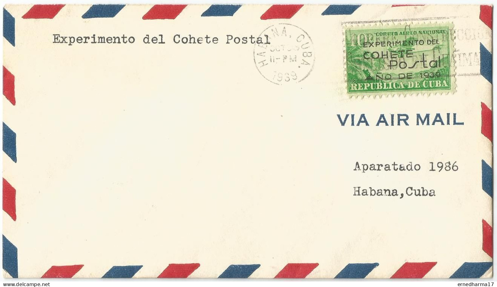 Cuba 1939. Cover With First Experimental Rocket Flight Stamp. Cover Con Sello Primer Experimento Del Cohete Postal. - Gebraucht