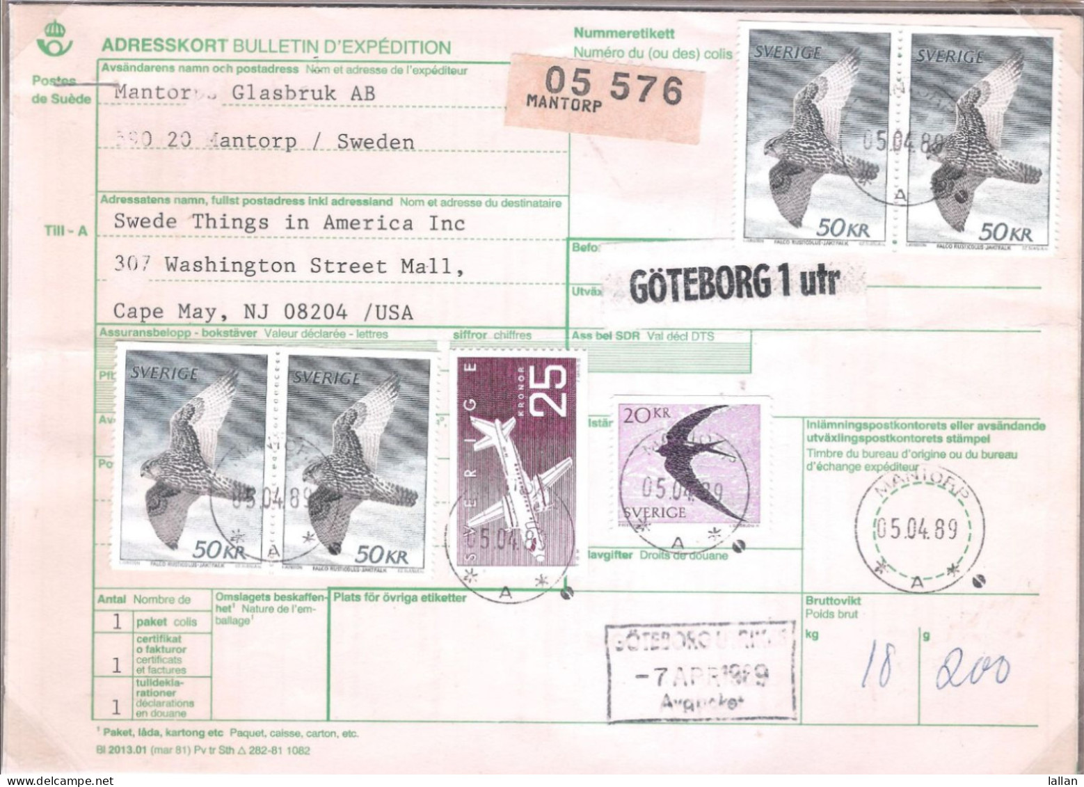 Falcon, Swallow, Parcel Receipt, Sweden To USA, 1985, Rare Uses, Condition As Per Scan LPS3 - Briefe U. Dokumente