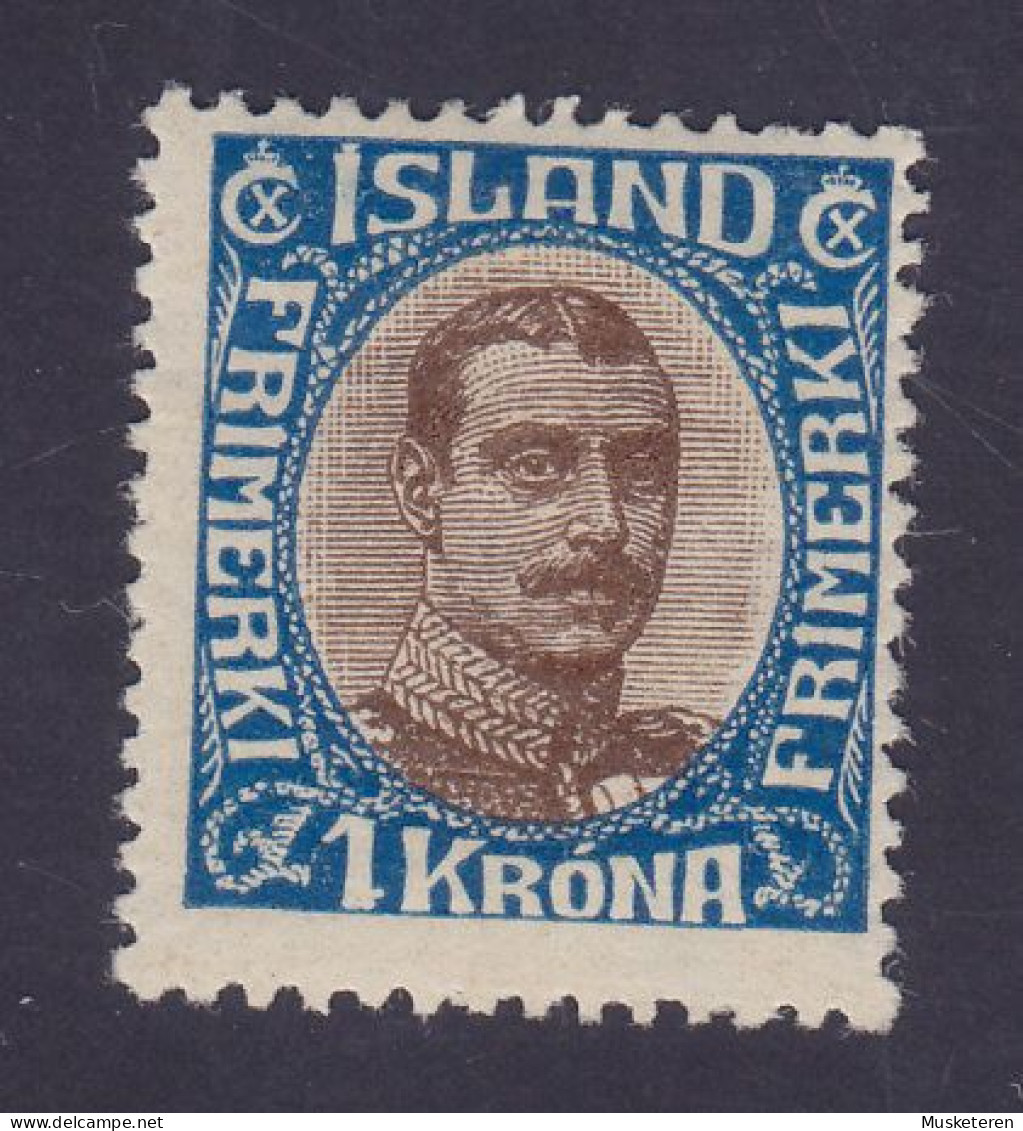 Iceland 1920 Mi. 96m, Facit 142 V1, 1 Kr. Christian X. ERROR Variety 'Bulge To The Right On The '1', MH* (Cote 120€) - Imperforates, Proofs & Errors