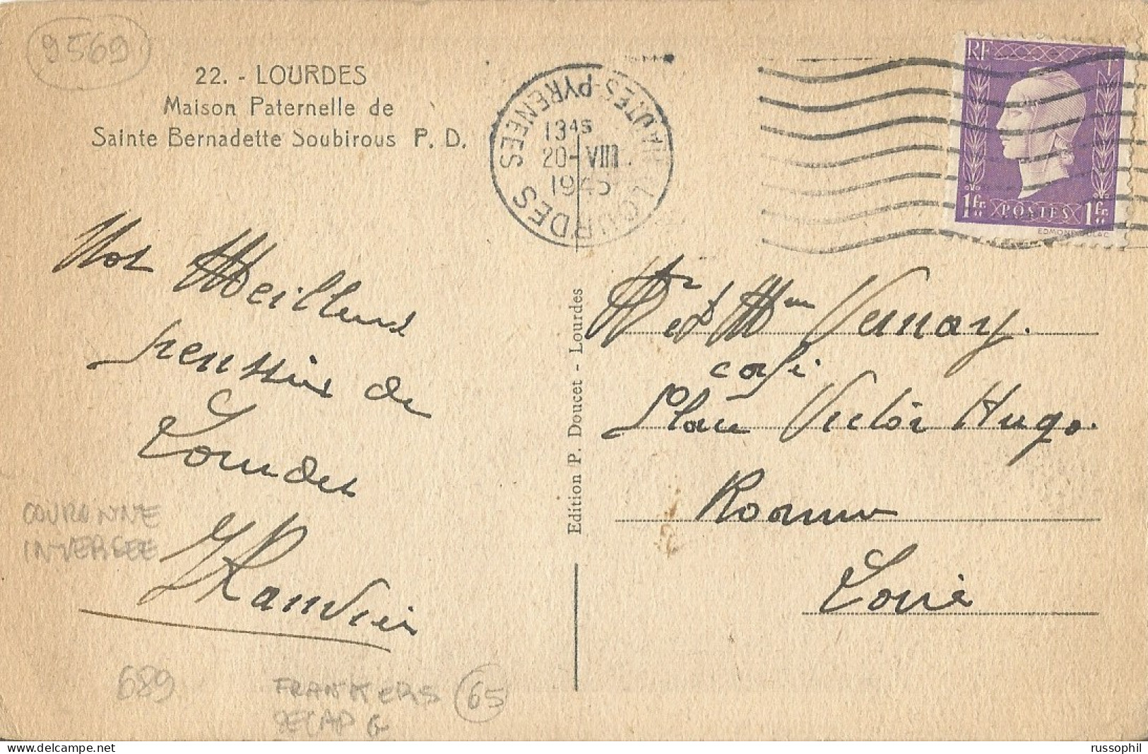 FRANCE - VARIETY &  CURIOSITY - FRANKERS SECAP G MACHINE PMK  "LOURDES"  - REVERSED  DATE BLOCK ON FRANKED PC  - 1945 - Covers & Documents