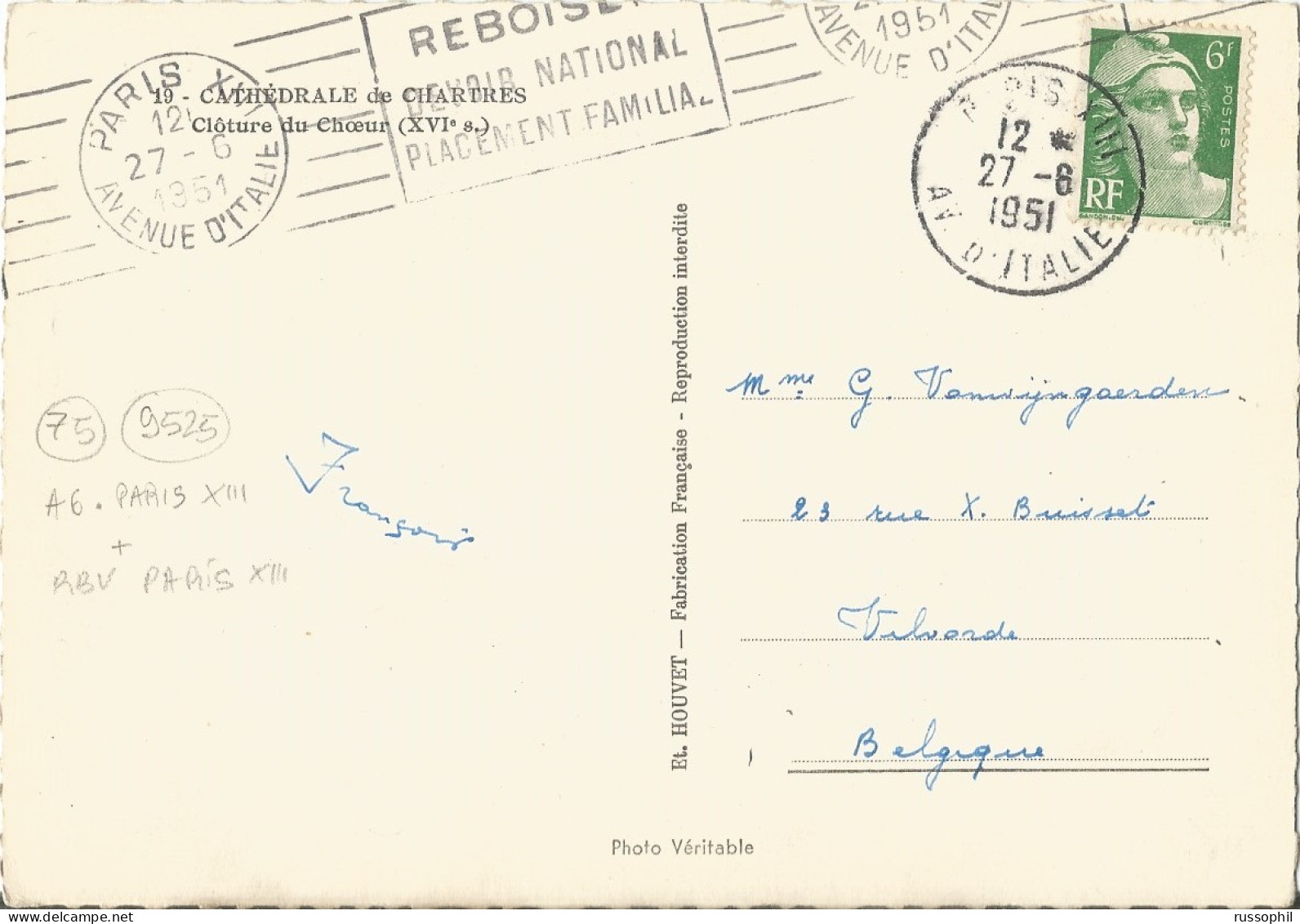 FRANCE - VARIETY &  CURIOSITY - BOTH RBV MACHINE PMK "PARIS XIII REBOISER" AND MANUAL A6 DEPART. CDS "PARIS XIII" - 1951 - Covers & Documents