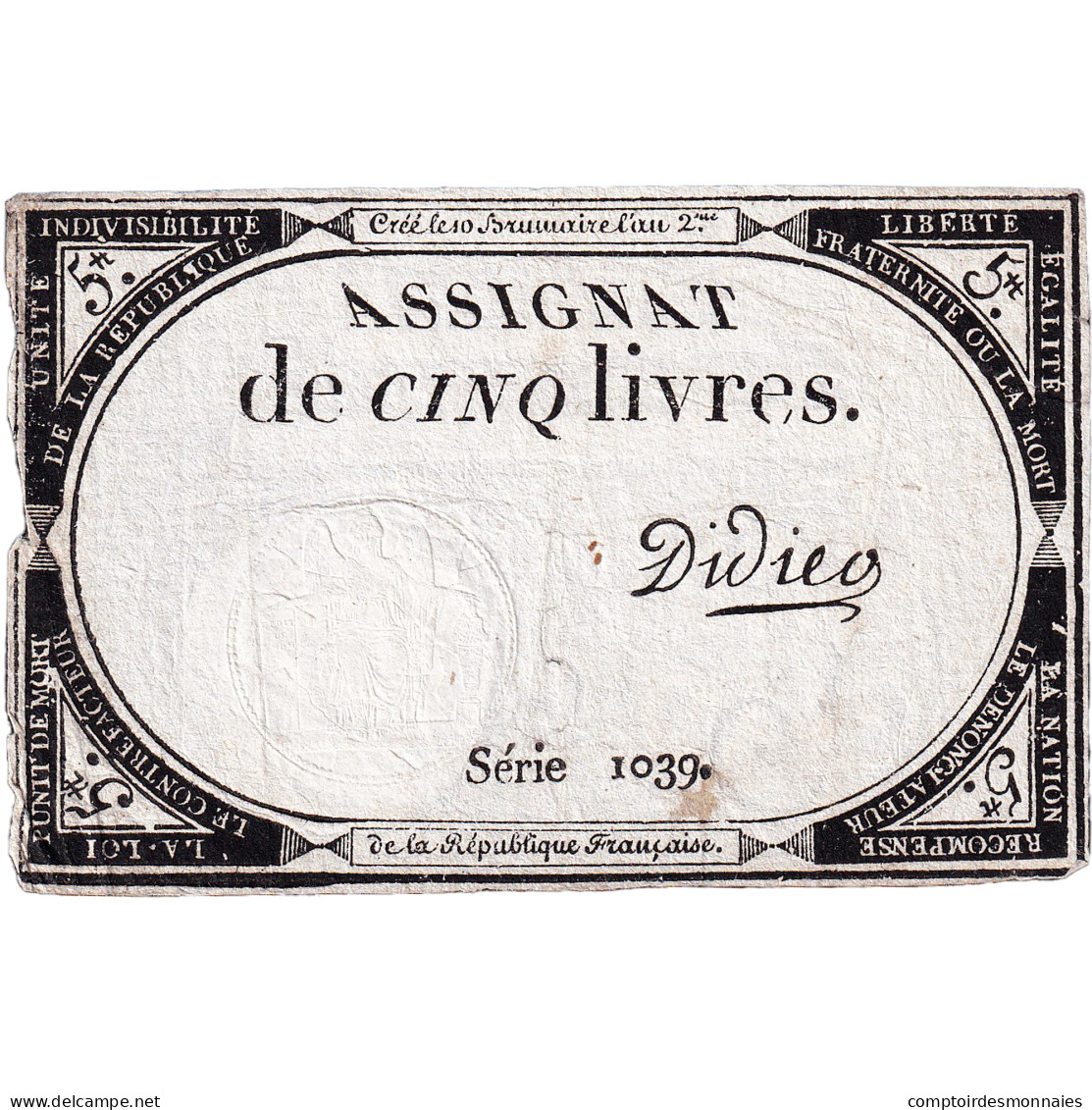 France, 5 Livres, An 2, SERIE 1039, TTB, KM:A76, Lafaurie:171 - Assignate