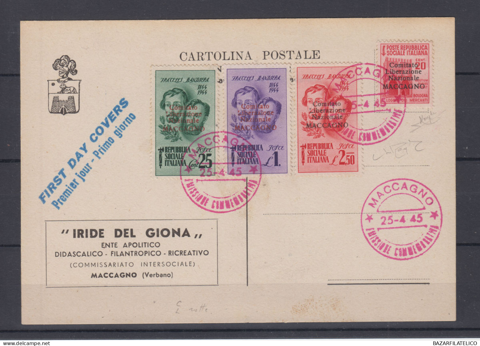 C.L.N MACCAGNO 1945 FRATELLI BANDIERA + 20 CENT. NON EMESSO SU CARTOLINA CERT. - Comite De Liberación Nacional (CLN)