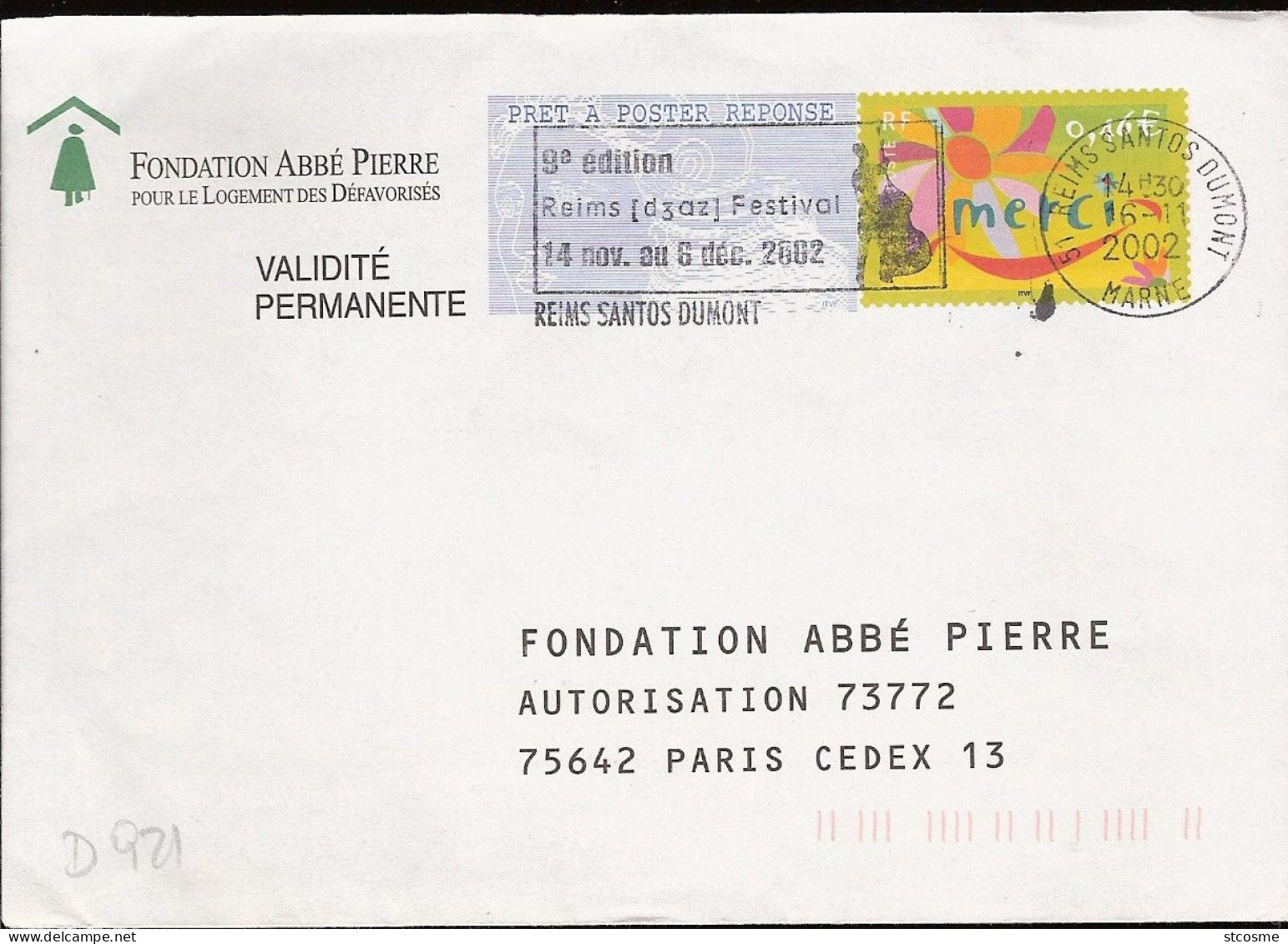 D0921 - Entier / Stationery / PSE - PAP Réponse Merci - Fondation Abbé Pierre - (pas De Numéro D'agrément) - PAP : Risposta