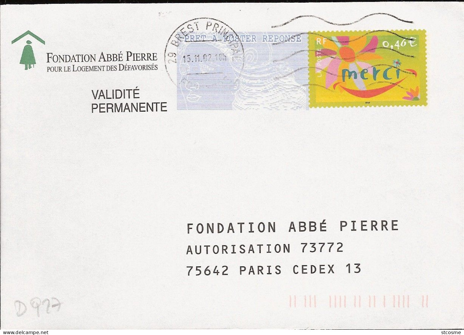 D0927 - Entier / Stationery / PSE - PAP Réponse Merci - Fondation Abbé Pierre - (pas De Numéro D'agrément) - Prêts-à-poster:reply