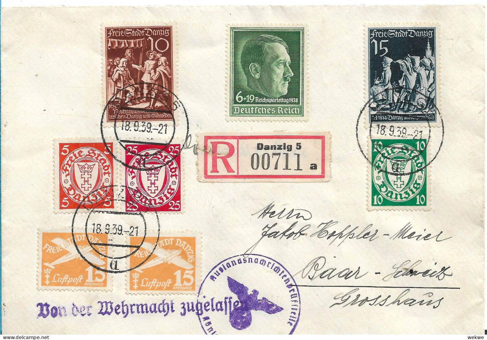 DZG080 / DANZIG - Interessante Frankaturkombination 18.9.1939 Mit Mi.Nr. 290x, 292x, 294x, 679 (2x) Etc. - Cartas & Documentos