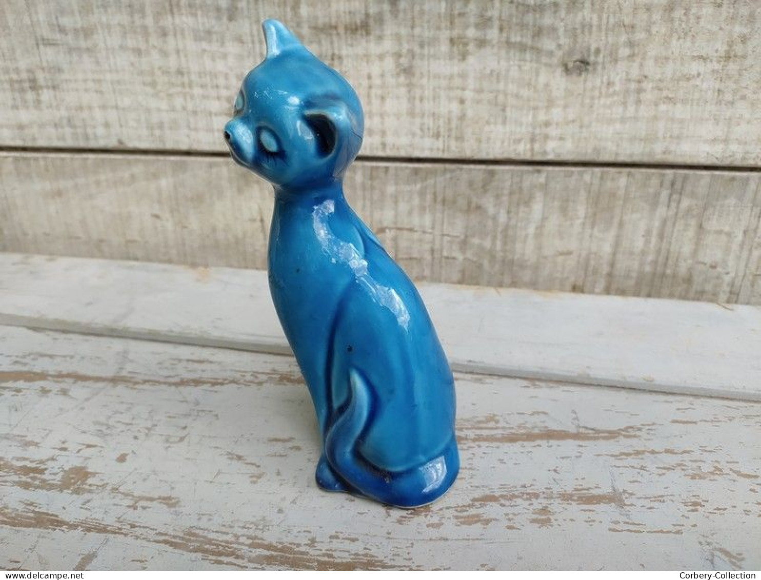 Statue Chat Porcelaine Émail Turquoise - Other & Unclassified