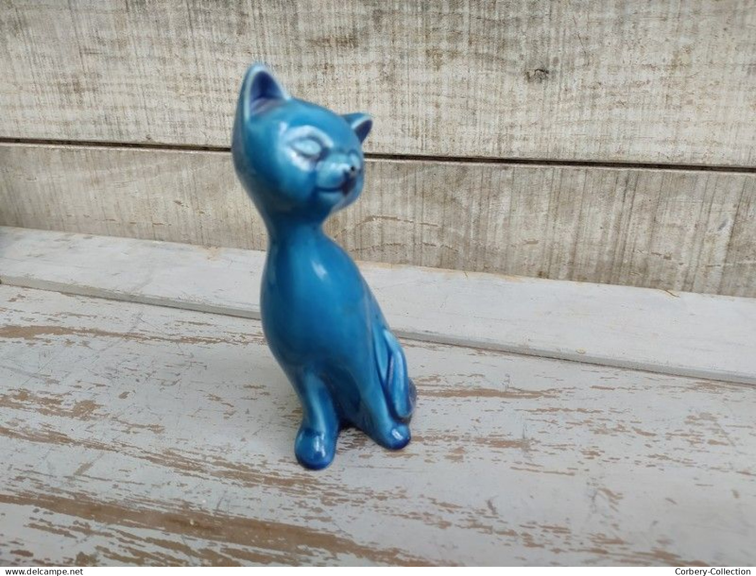 Statue Chat Porcelaine Émail Turquoise