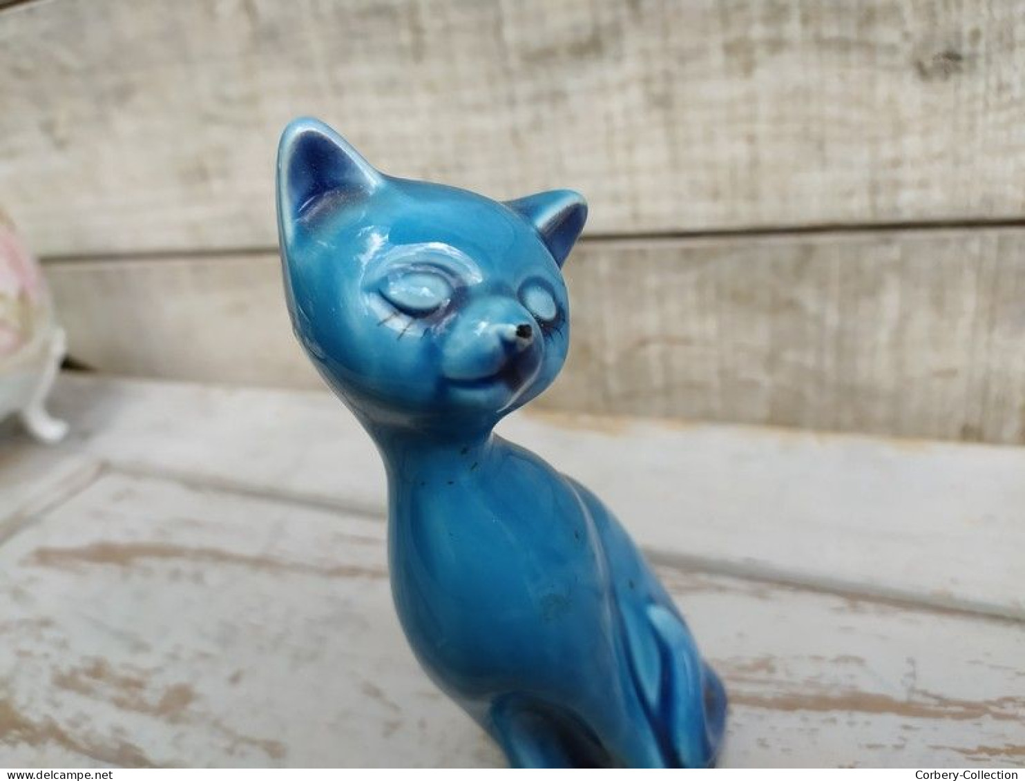 Statue Chat Porcelaine Émail Turquoise