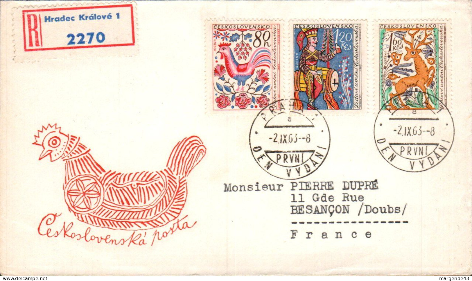 TCHECOSLOVAQUIE SERIE LETTRES FDC RECOMMANDEE "UNESCO" POUR LA FRANCE 1963 - Cartas & Documentos