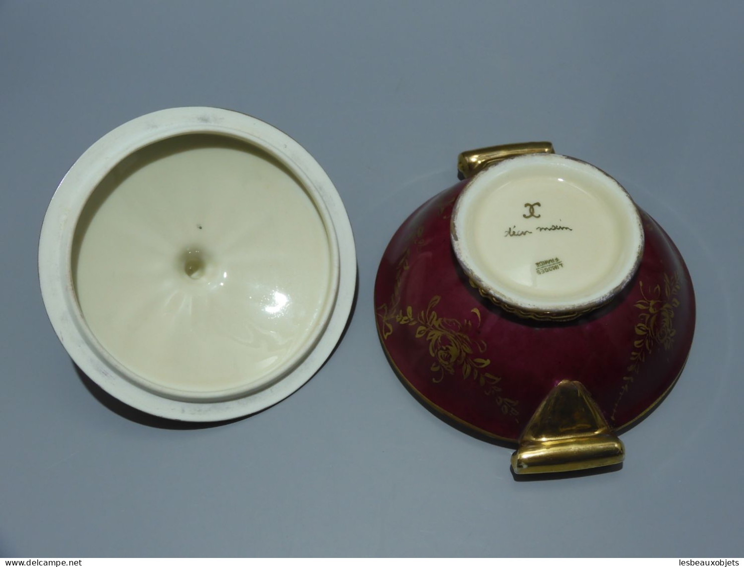 -POT COUVERT MINI SOUPIERE BONBONNIERE PORCELAINE de LIMOGES dorure Fleurs    E