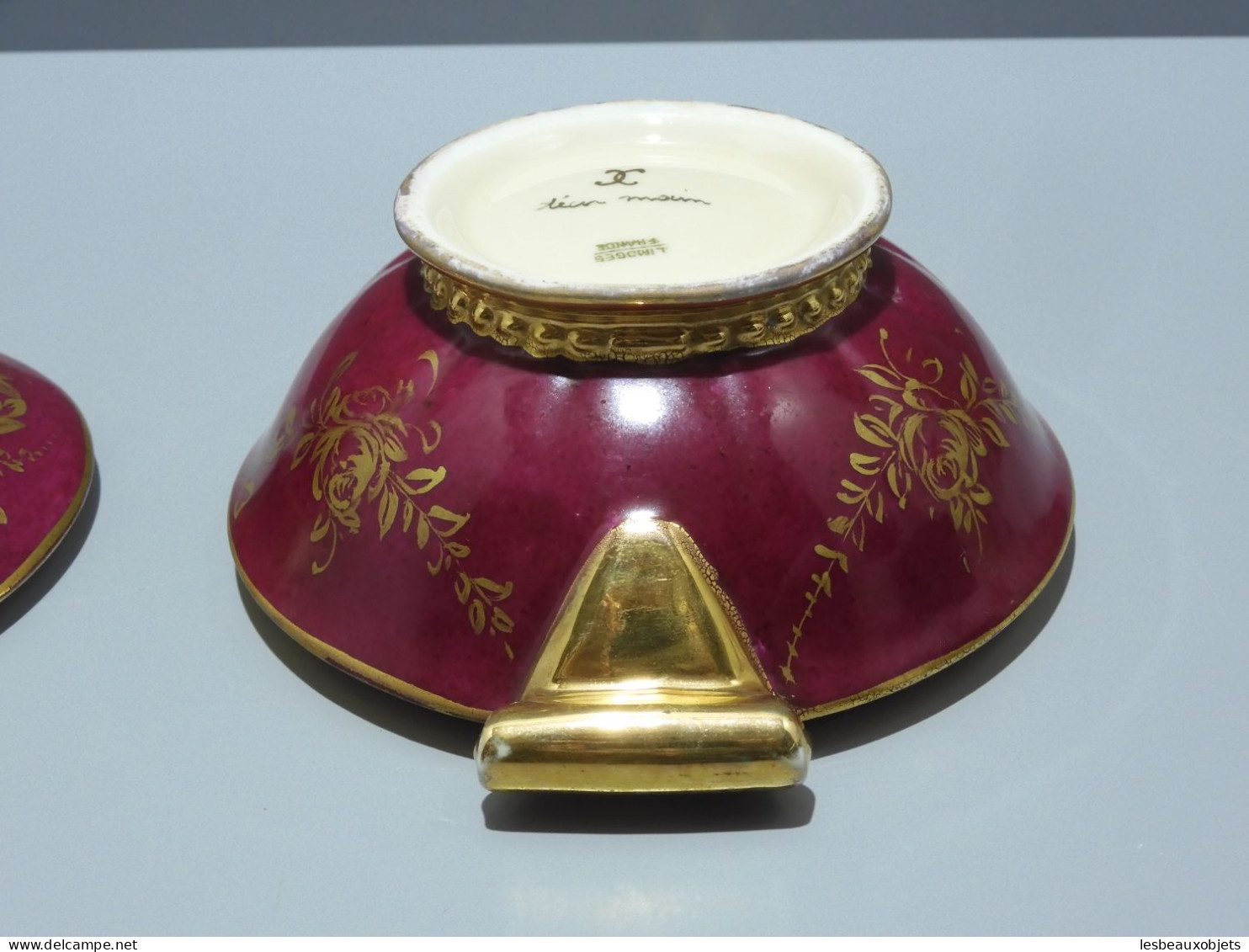 -POT COUVERT MINI SOUPIERE BONBONNIERE PORCELAINE de LIMOGES dorure Fleurs    E