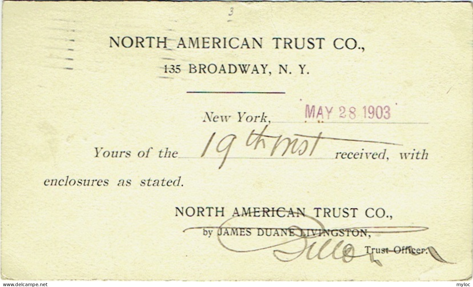 United States Of America. Postal Card. One Cent. New York To Anvers 1903. North American Trust Co. Broadway. - Sonstige & Ohne Zuordnung