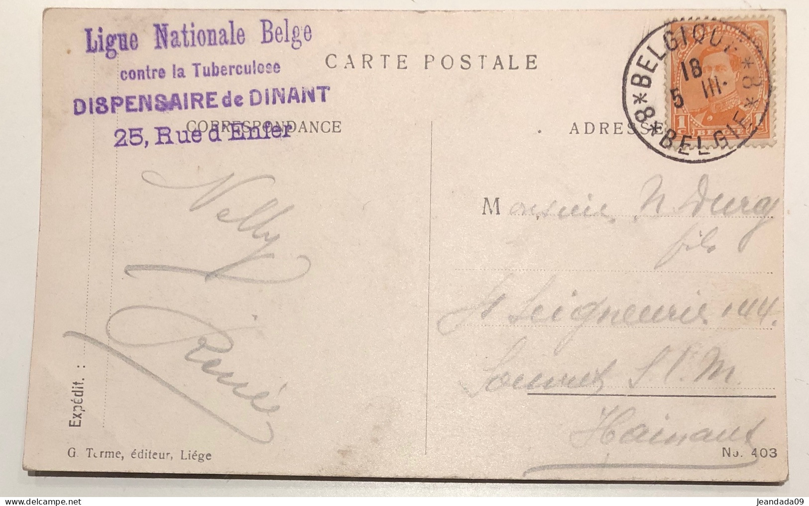 CP Dinant Nouvelle Poste/Hôtel De Ville->Ligue Nationale Belge Dispensaire De Dinant.cachet Belgique*8*Belgie 5 Mars19? - Foruna (1919)