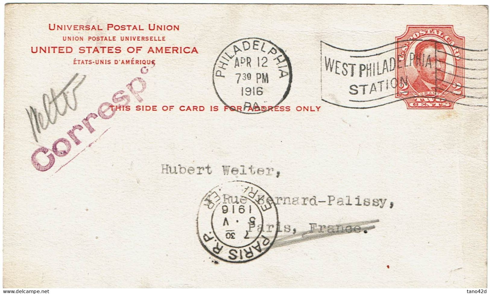 REF CTN 86/B- USA EP CP PHILADELPHIA / PARIS 12/4/1916 - 1901-20