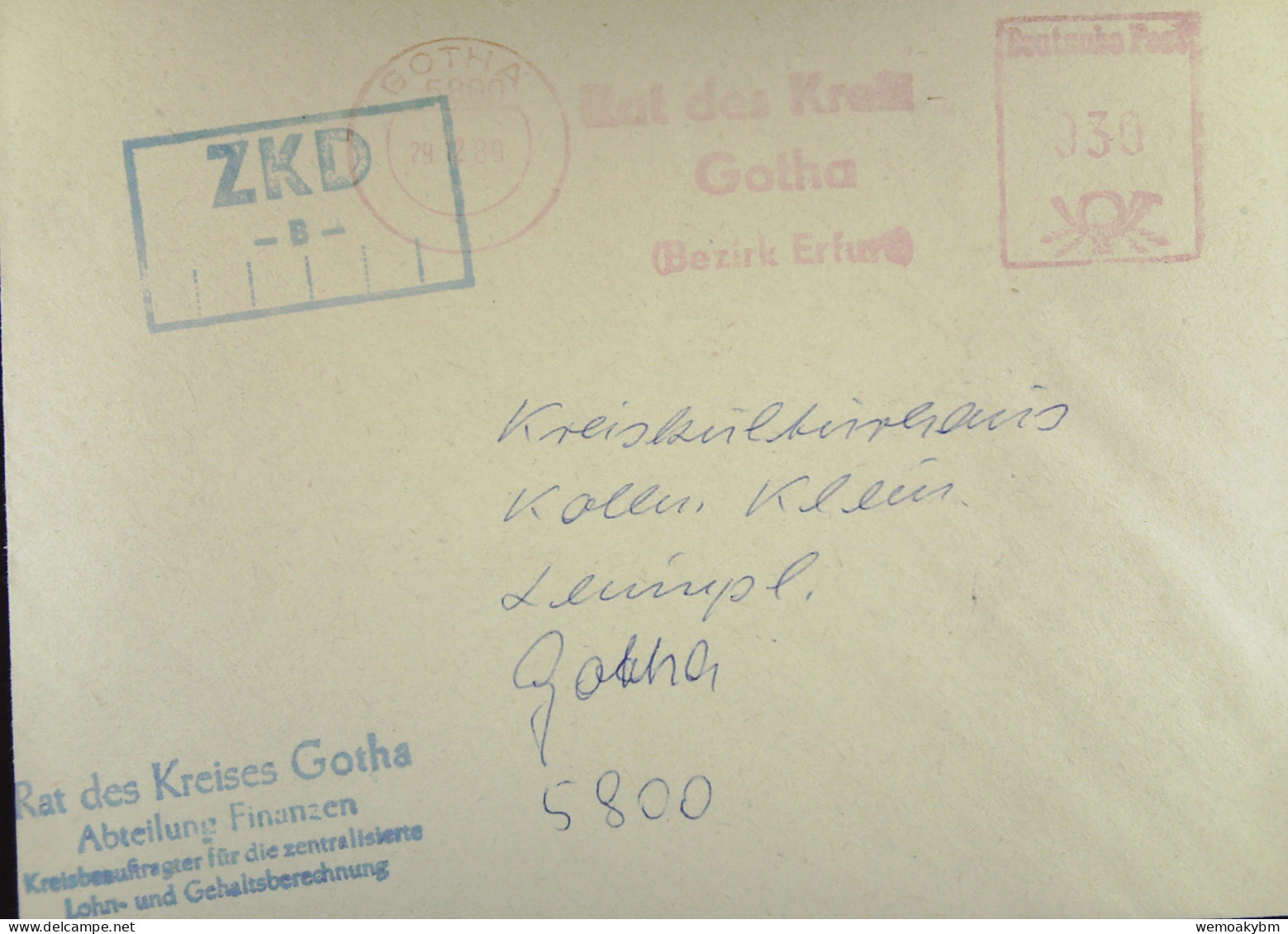 DDR: ZKD-Brief Mit AFS DP =030= GOTHA Vom 29.12.89 Abs: Rat Des Kreises Götha (Bezirk Erfurt) - Abteilung Finanzen - Zentraler Kurierdienst