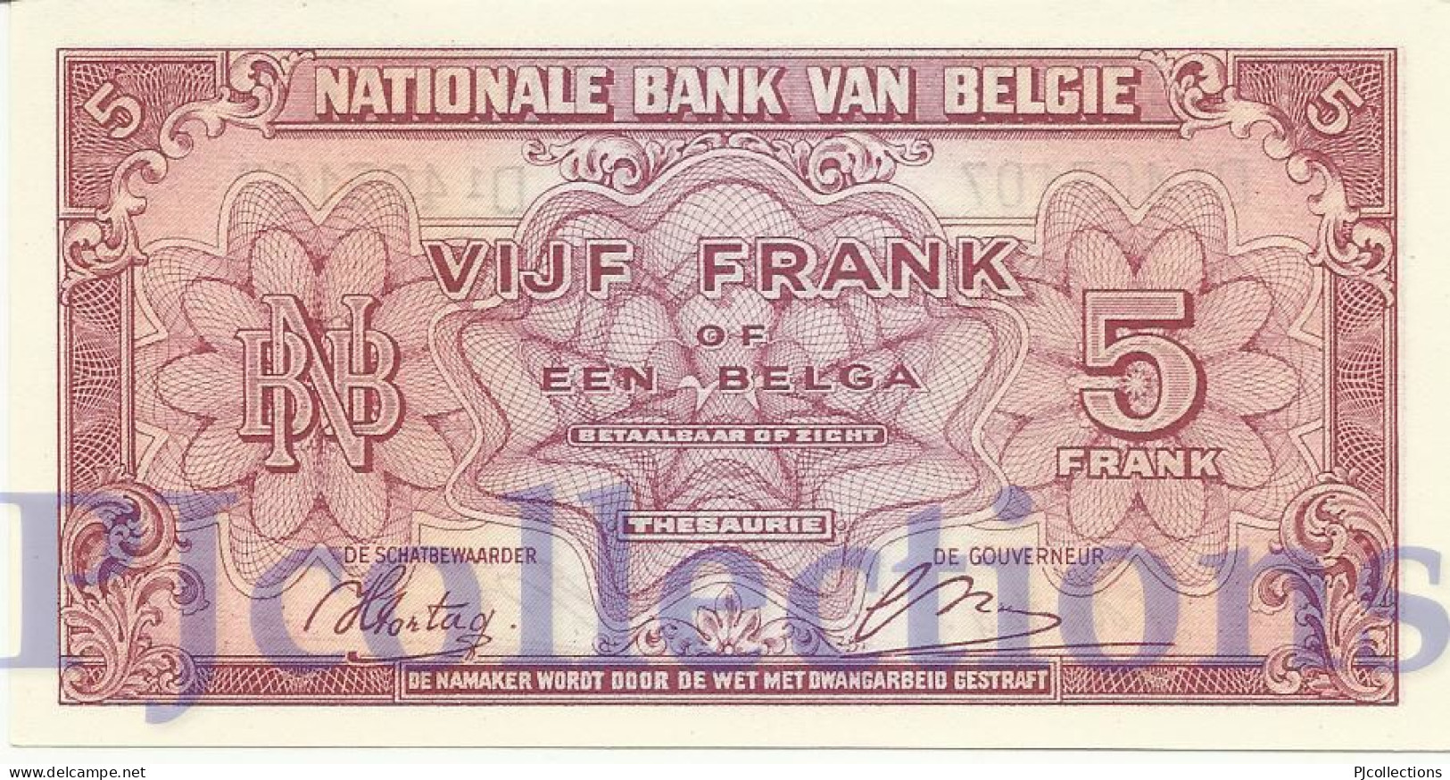 BELGIO - BELGIUM 5 FRANCS 1943 PICK 121 AUNC - 5 Francs