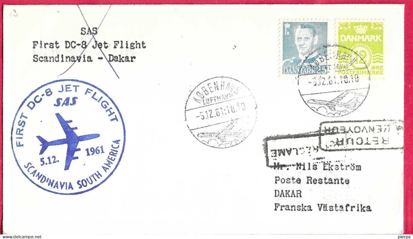 DANMARK - FIRST DC8 FLIGHT SAS FROM KOBENHAVN TO DAKAR *5.12.61* ON OFFICIAL COVER - Poste Aérienne