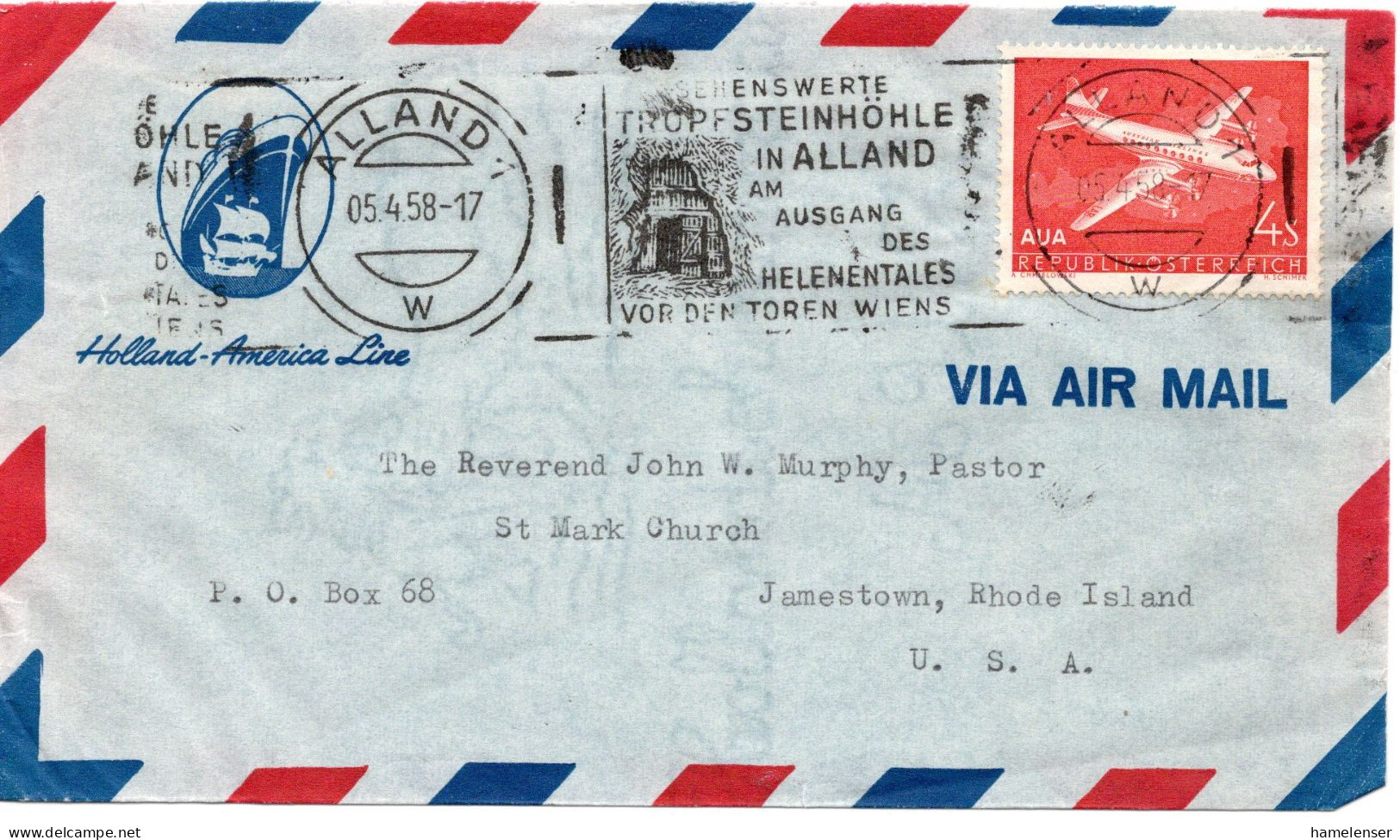 70082 - Österreich - 1958 - S4 AUA EF A LpBf ALLAND - ... TROPFSTEINHOEHLE ... -> Jamestown, RI (USA) - Lettres & Documents