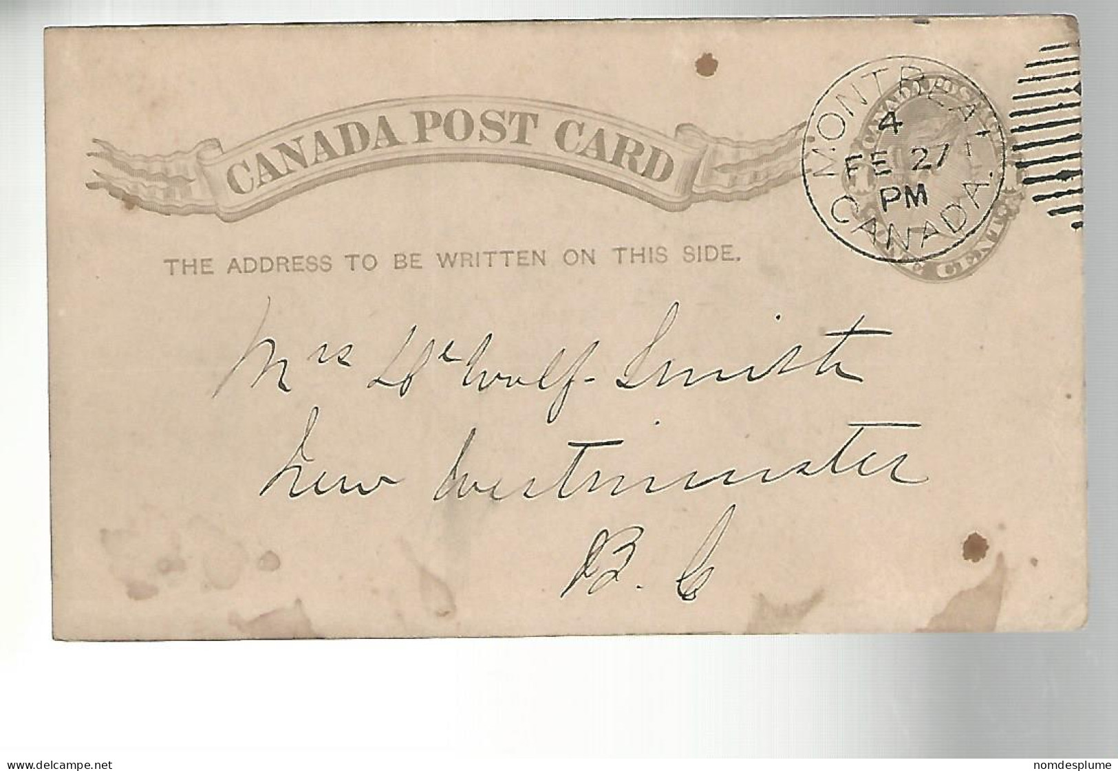52879 ) Canada Postal Stationery Montreal Postmark  Duplex - 1860-1899 Reign Of Victoria