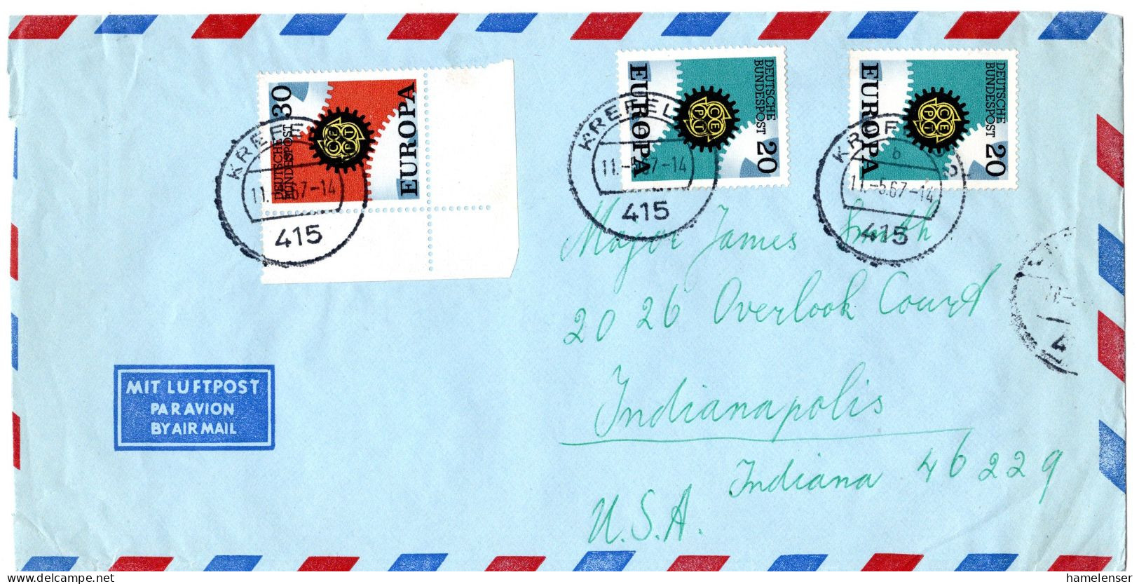 L70111 - Bund - 1967 - 30Pfg CEPT '67 MiF A LpBf KREFELD -> Indianapolis, IN (USA) - Lettres & Documents