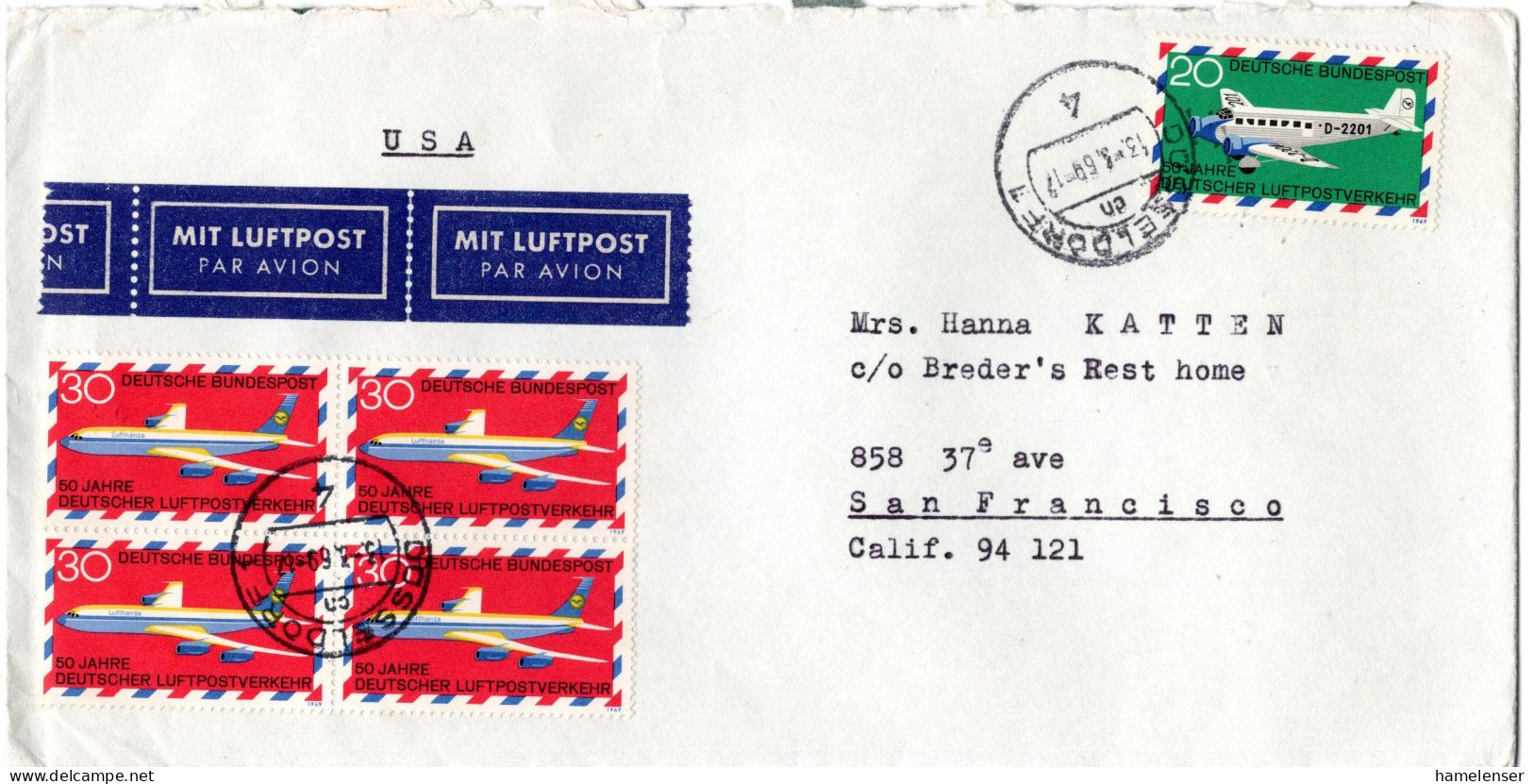 L70120 - Bund - 1969 - 30Pfg Luftpostverkehr 田 MiF A LpBf DUESSELDORF -> San Francisco, CA (USA) - Lettres & Documents