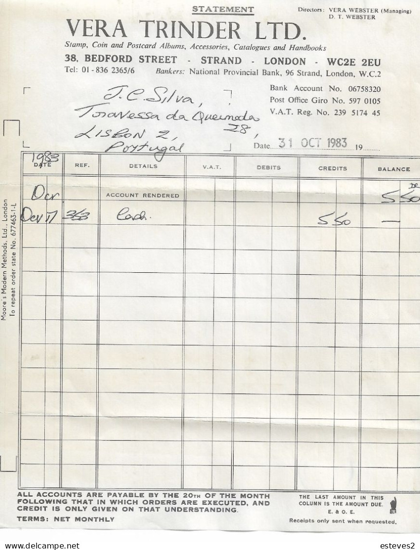 United Kingdom , 1983 , Invoice From VERA TRINDER LDA. London , Collectible Accessories - Verenigd-Koninkrijk