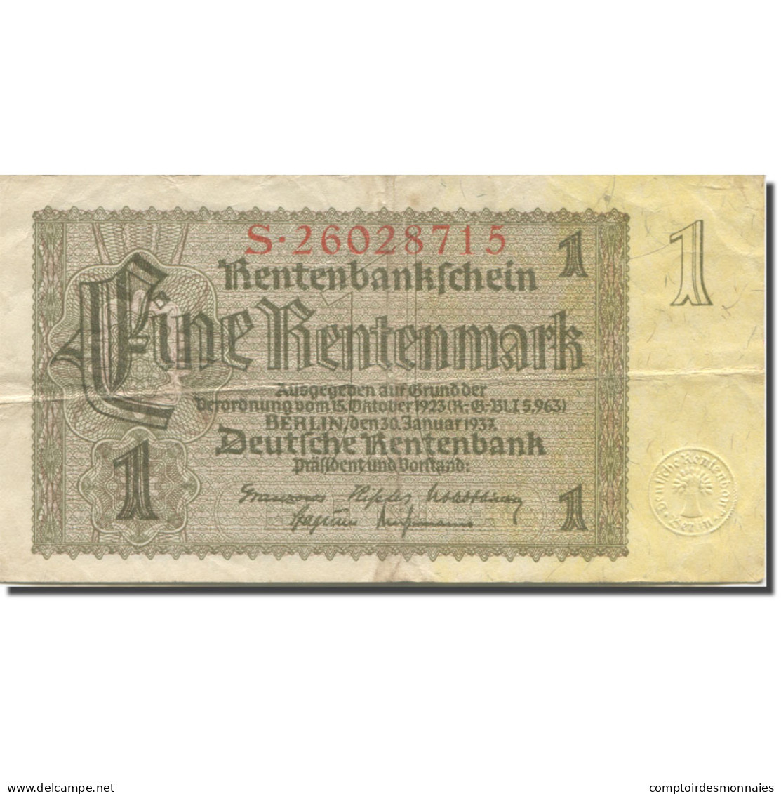 Billet, Allemagne, 1 Rentenmark, 1937, 1937-01-30, KM:173b, TB+ - 1 Rentenmark