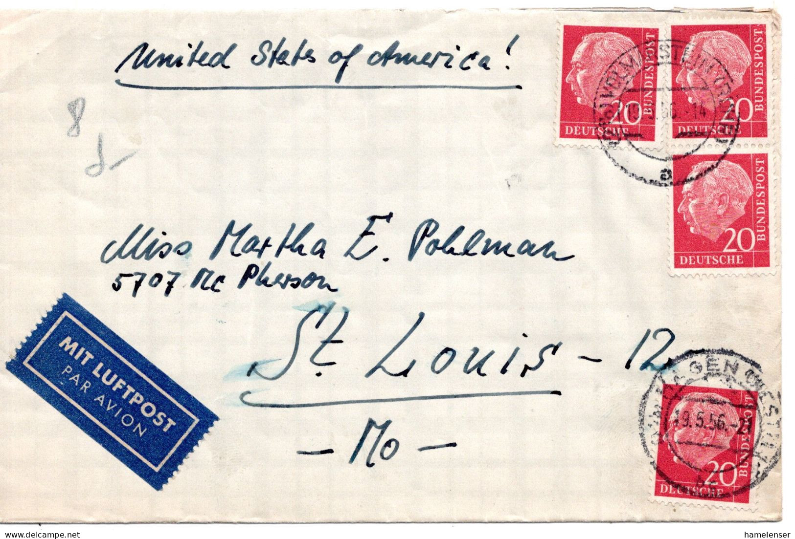 70191 - Bund - 1956 - 4@20Pfg Heuss I A LpBf VOLMARSTEIN -> HAGEN -> St Louis, MO (USA) - Covers & Documents