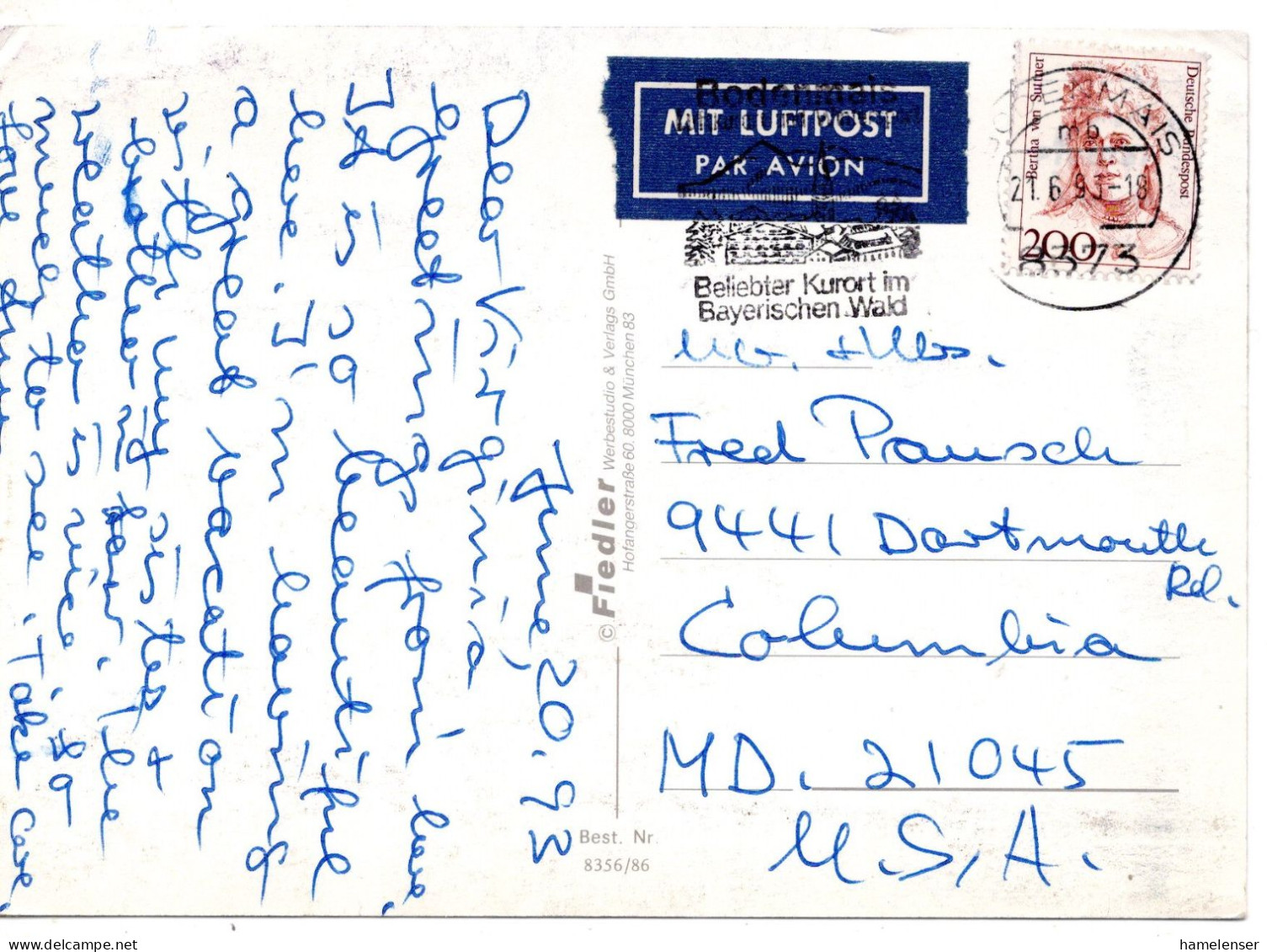 70222 - Bund - 1993 - 200Pfg Suttner EF A LpAnsKte BODENMAIS - ... -> Columbia, MD (USA) - Covers & Documents