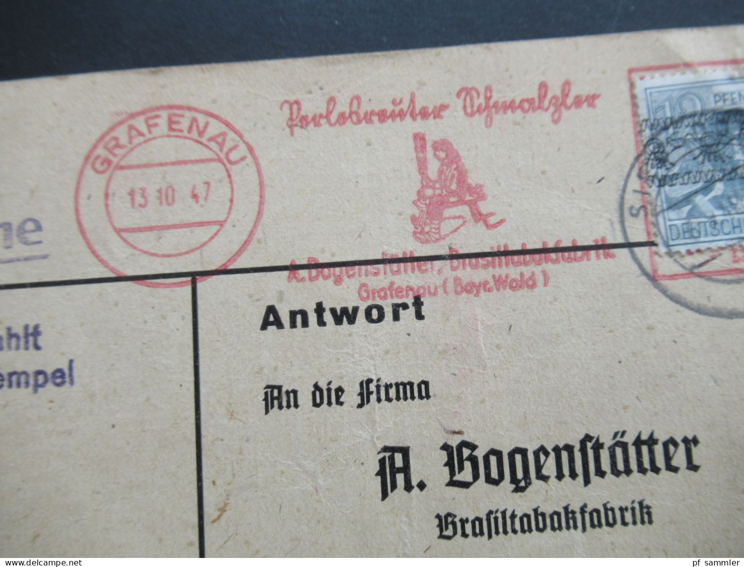 Bizone 1948 Nr.40 I EF Drucksache Antwortkarte Freistempel Grafenau Mit Marke überklebt! Porto Bezahlt Durch Freistempel - Lettres & Documents