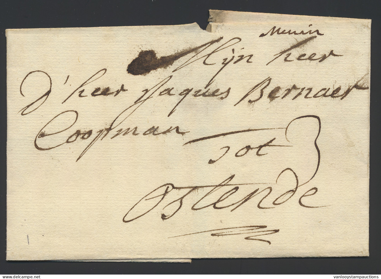 1745, Gedateerde Voorloper (zonder Inhoud), Naar Oostende, Handgeschreven 'de Menin', Port '3' (stuivers, In Inkt), Zm/m - 1714-1794 (Oesterreichische Niederlande)