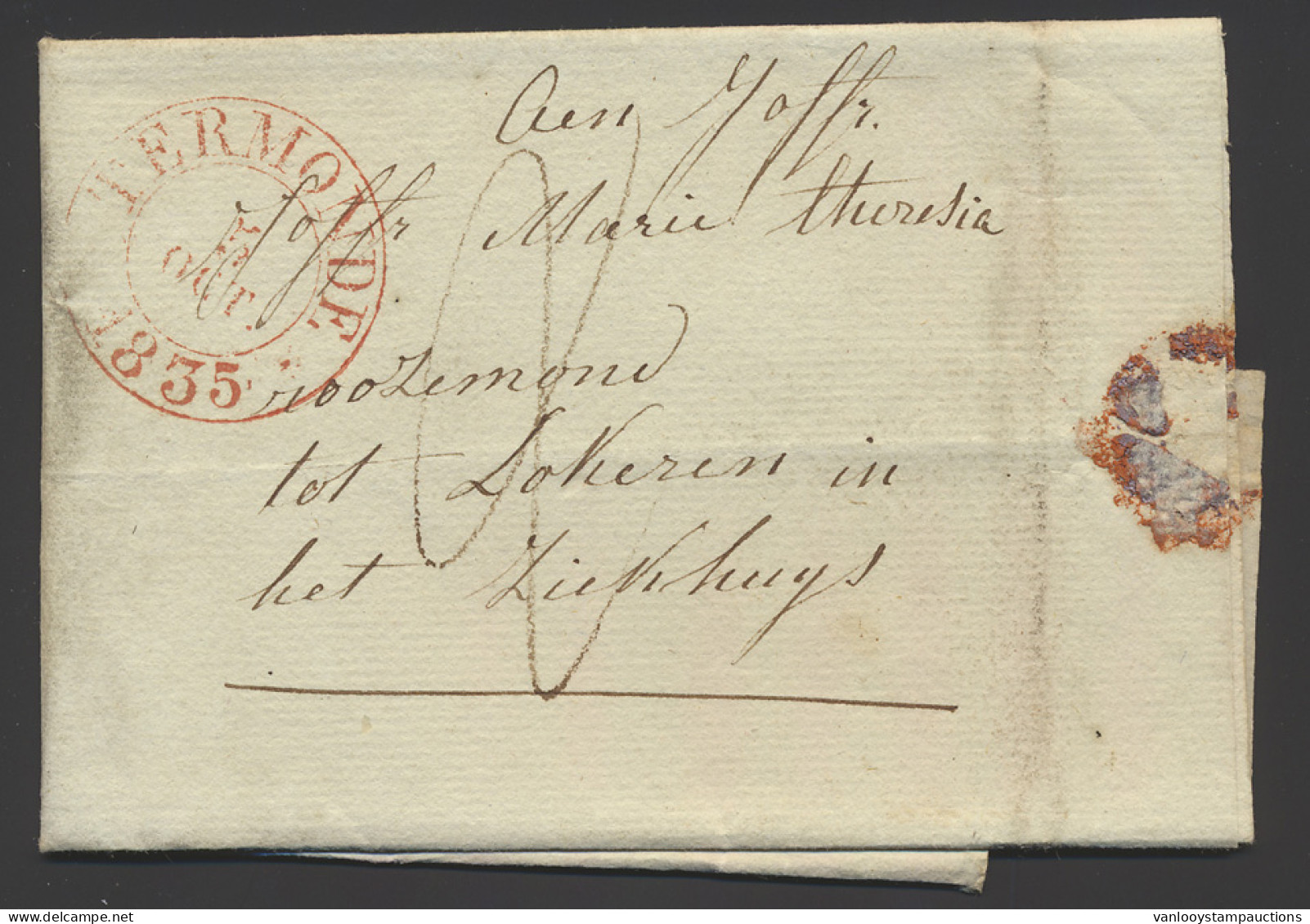 1835 Voorloper Met Inhoud Uit Termonde, Rode Dubbelringstempel 8 Octo 1835, Naar Lokeren In ’t Ziekhuys, Aankomst 9 Octo - 1830-1849 (Belgique Indépendante)