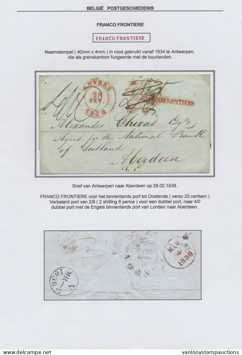 1838 Brief Van Antwerpen Naar Aberdeen Met Rode Franco Frontière En Verbeterde Portaanduidingen, Detail Toelichting Is B - 1830-1849 (Belgique Indépendante)