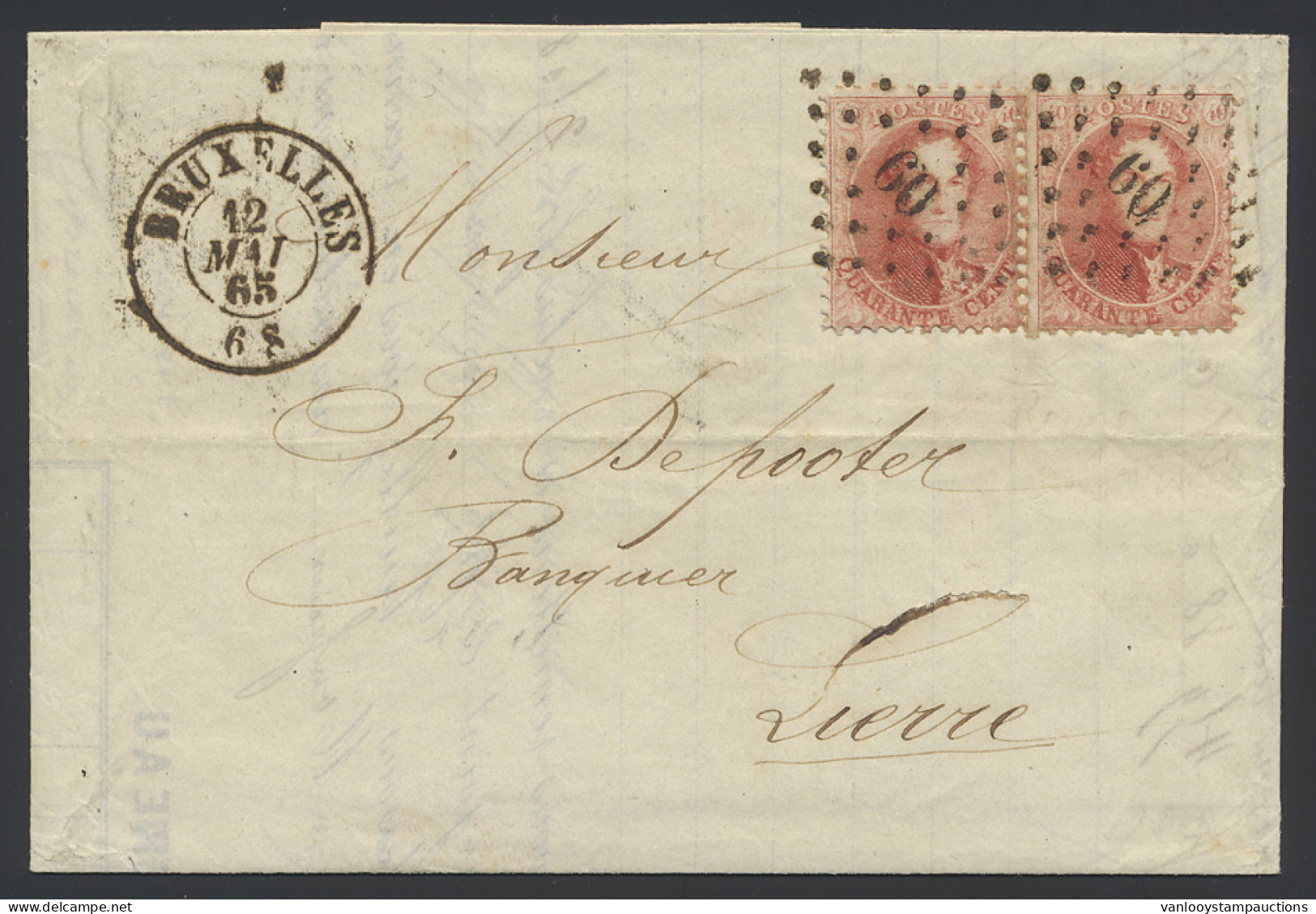 N° 16 In Paar Op Brief, Vierdubbel Binnenlands Port (+30km) LPT 60 Bruxelles Naar Lierre, Zm (OBP €135) - 1863-1864 Medaillen (13/16)