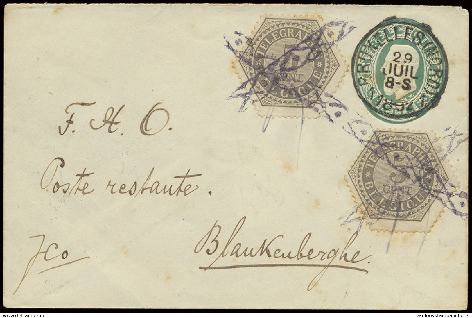 1892 Postwaardestuk Met Ovale Ingedrukte Postzegel Type 30 Brussel (Nord) Poststempel 29 Juil 1892, Poste Restante Verst - Timbres Télégraphes [TG]