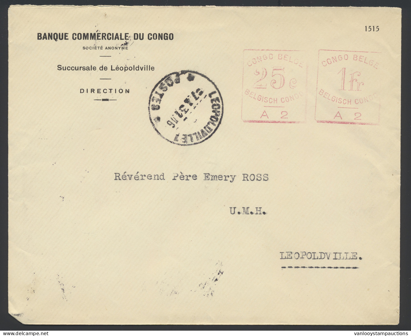 1931 Cover Franked With Red Mechanical Franking Mark 25c. - A2 And 1fr. - A2, Sent From Leopoldville April 7, 1931 To Ré - Autres & Non Classés