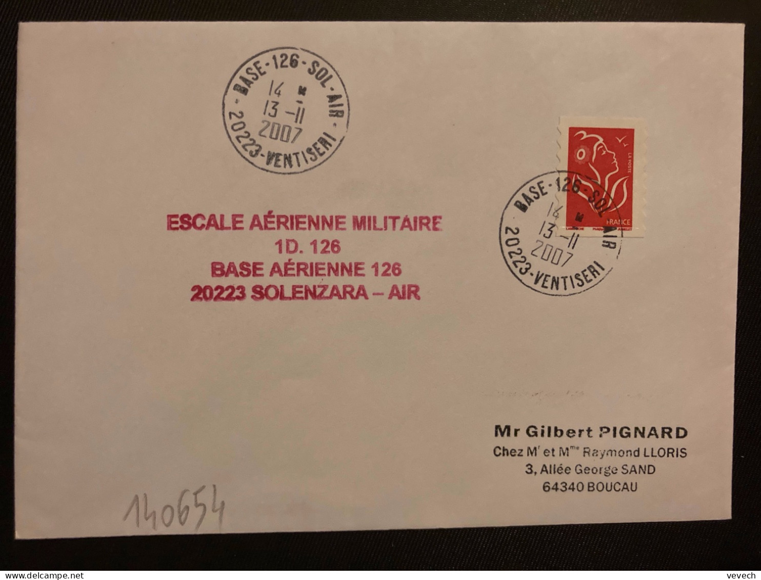 LETTRE TP M DE LAMOUCHE TVP ROUGE OBL.13-11 2007 BASE 126 SOL AIR 20223 VENTISERI + ESCALE AERIENNE MILITAIRE BA 126 - Militaire Luchtpost