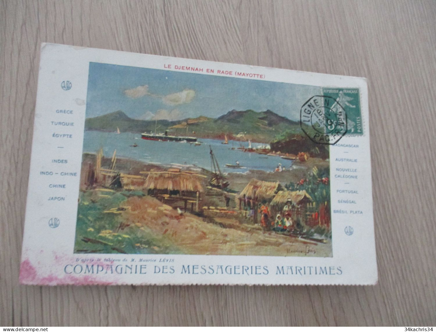 M45 Sur CPA Messageries Maritimes Djemnah En Rade Mayotte Cachet Ligne N Paq.FR.N°4 18/01/1910 - Cartas & Documentos