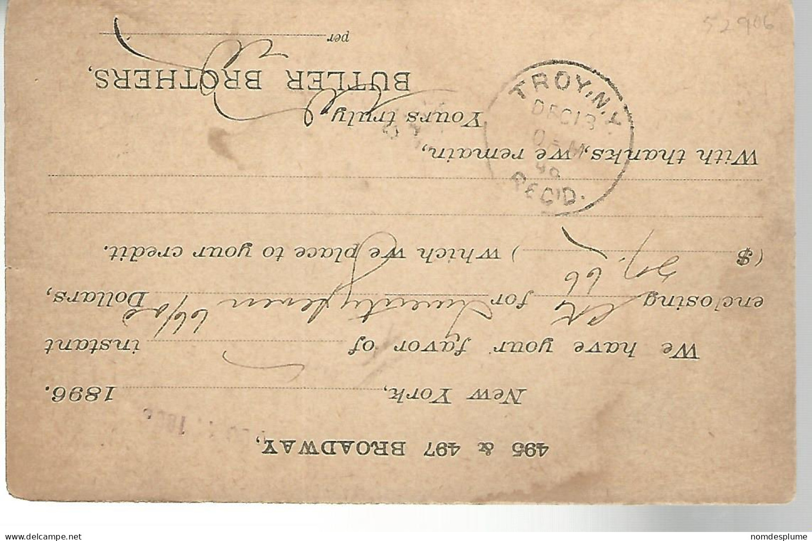 52906 ) USA Postal Stationery Troy New York Postmarks  1896 - ...-1900