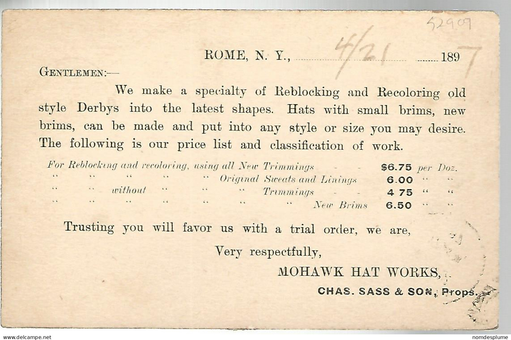 52909 ) USA Postal Stationery Troy Postmark  Duplex 1897 - ...-1900