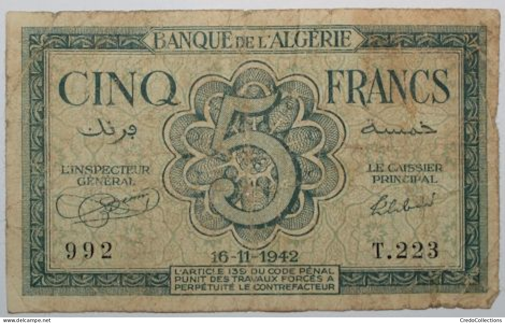 Algérie - 5 Francs - 1942 - PICK 91a - B+ - Algeria