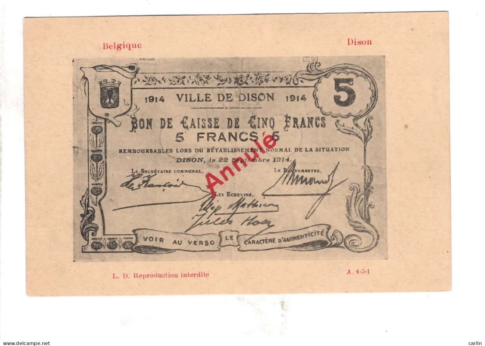 Dison Bon De Caisse De 5 Francs - Dison