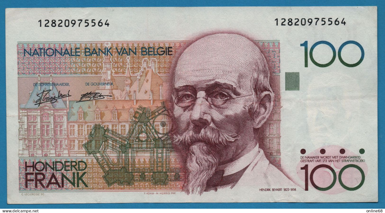 BELGIQUE 100 FRANCS ND (1982-1994) # 12820975564 P# 142a Hendrik Beyaert Signatures: Van Droogenbroeck & Verplaetse - 100 Francs