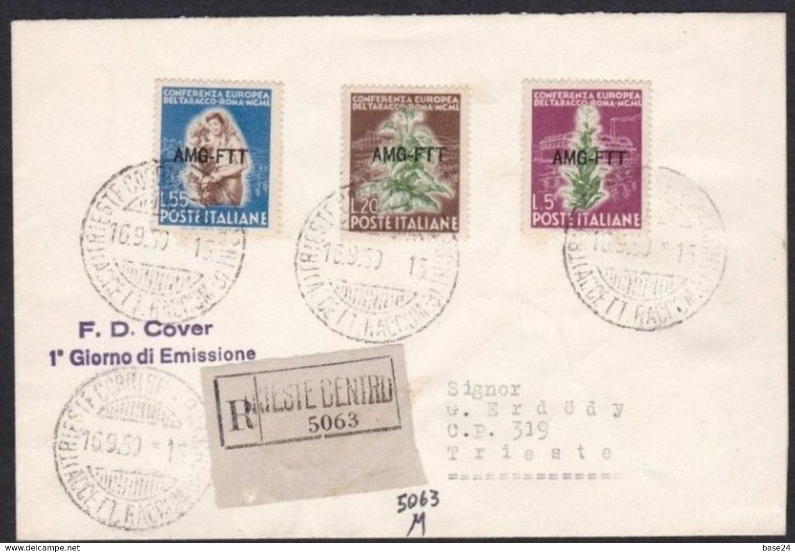 1950 Italia Italy Trieste A STORIA POSTALE TABACCO Busta FDC Trieste 16/9/50 Viaggiata Raccomandata 5063 TOBACCO - Poststempel