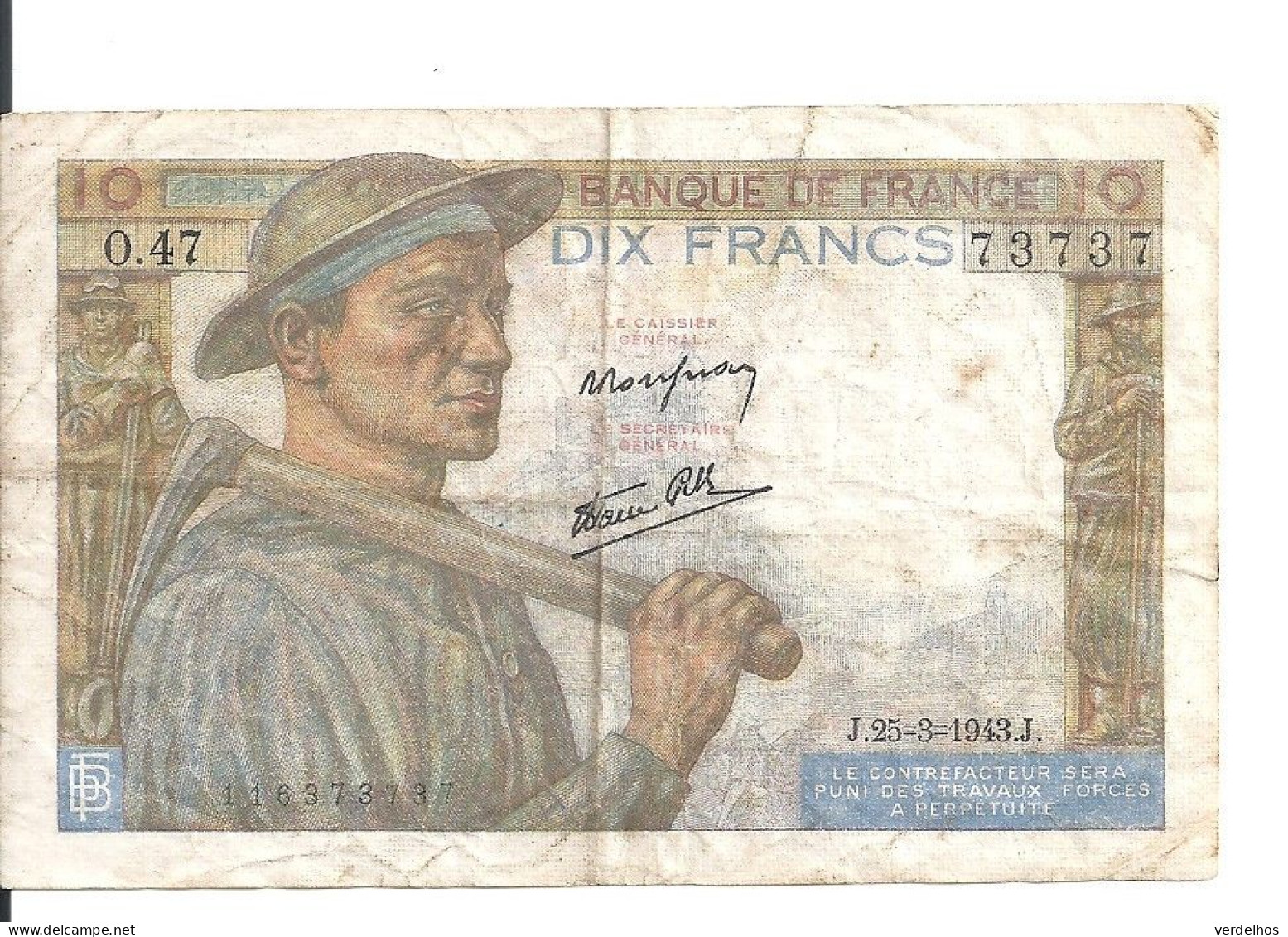 FRANCE 10 FRANCS 1943 VF P 99 E - 10 F 1941-1949 ''Mineur''