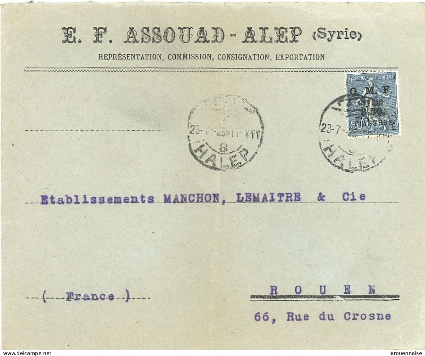 SYRIE -N°87 / LETTRE POUR LA FRANCE -CàD  HALEP 23 -7- 23 - Lettres & Documents