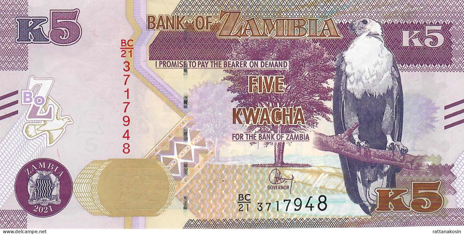 ZAMBIA P57d 5  KWACHA 2021 #BC/21  UNC. - Zambia