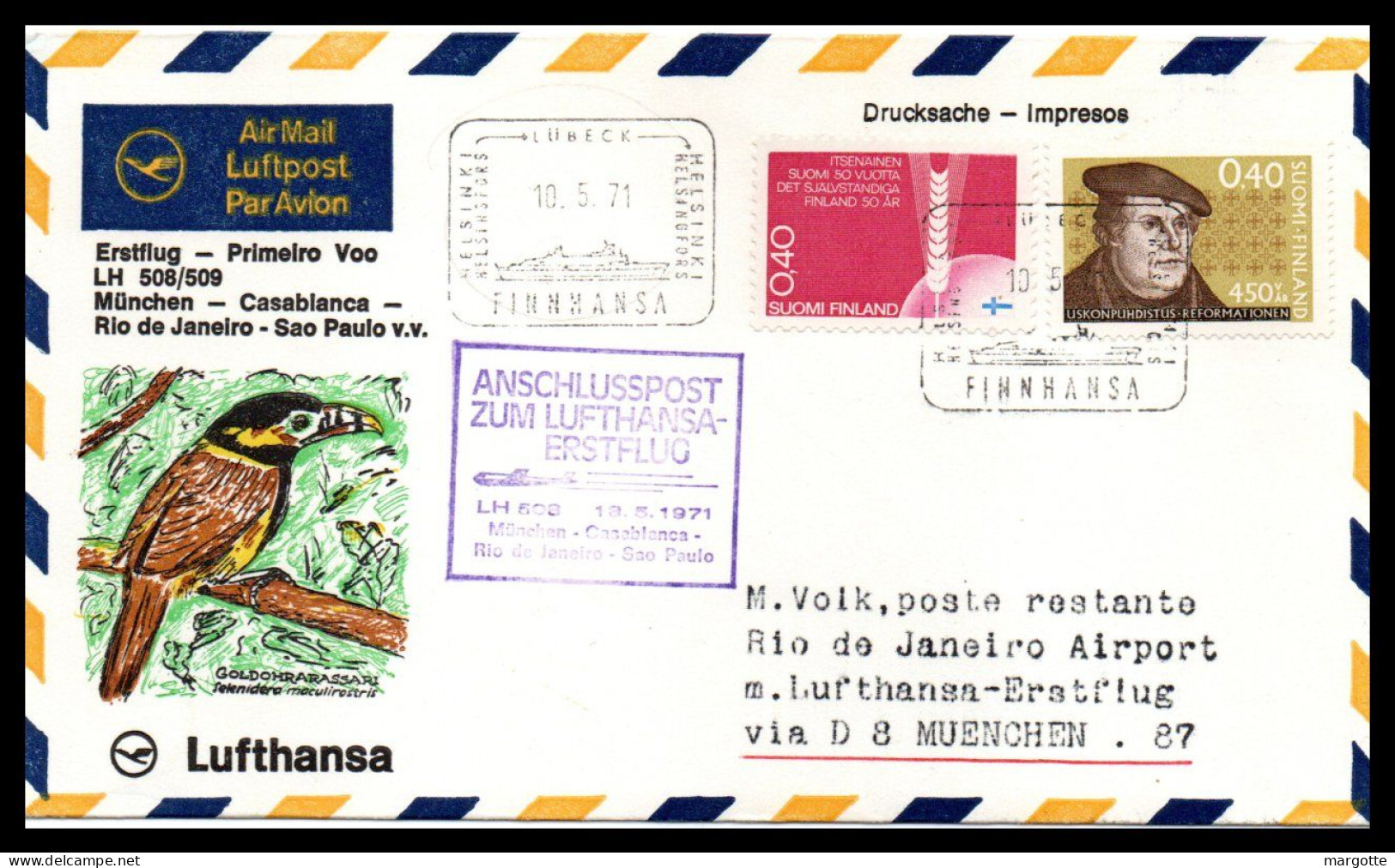 FFC Lufthansa   Munchen-Casablanca-Rio De Janero-Sao Paulo  10/05/1971 - Cartas & Documentos