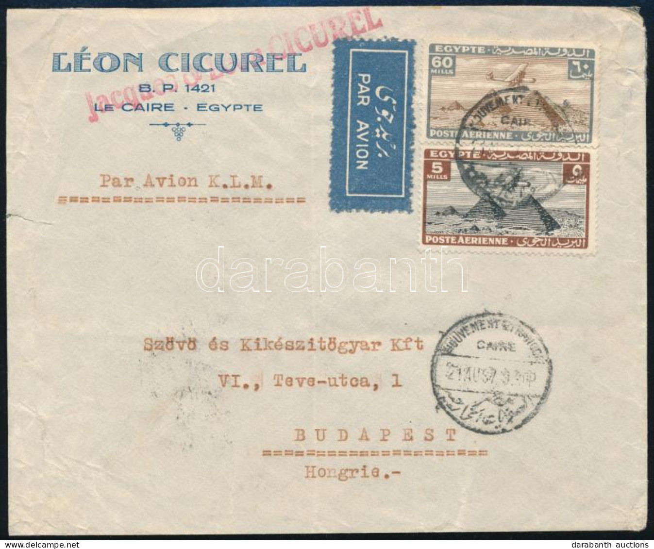 Egyiptom 1937 Légi Levél Budapestre Küldve - Autres & Non Classés